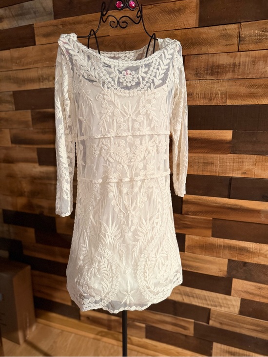 Express Dresses & Skirts - Express White Floral Lace Embroidered Scoop Neck Long Sleeve Mini Dress Sz M